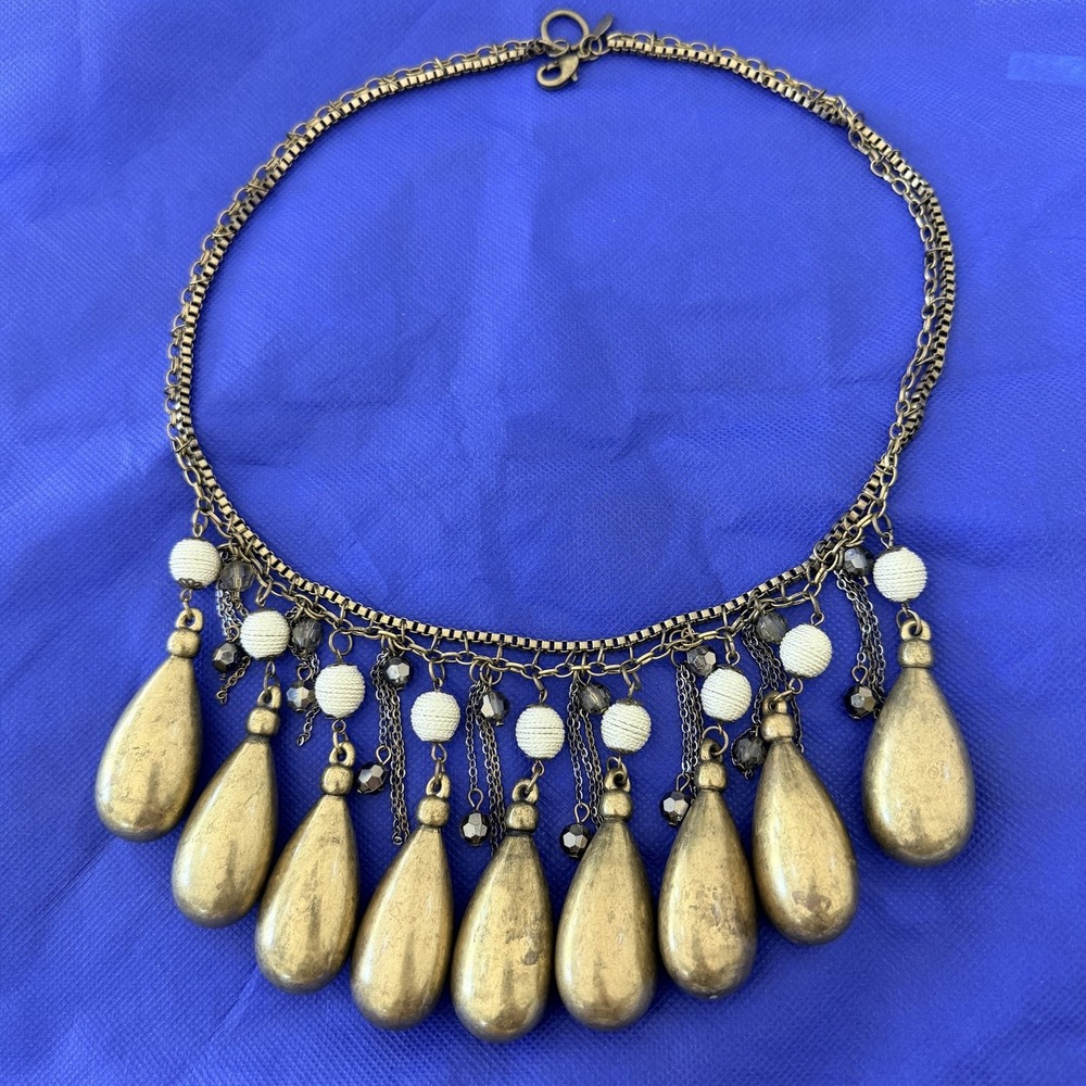 Chico's Gold Tone Teardrop Bib Necklace Crystal Bead Metal Tribal Statement 25"